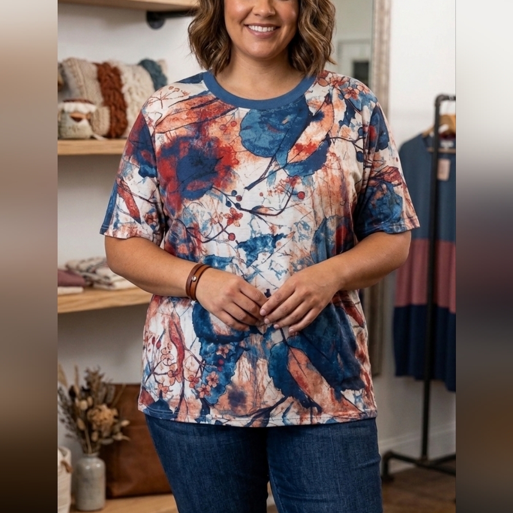 Women's Short Sleeve Floral Tie-Dye Tee - Blue & Rust